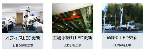 LED照明工事例：オフィスLED更新　工場水銀灯LED更新　道路灯LED更新